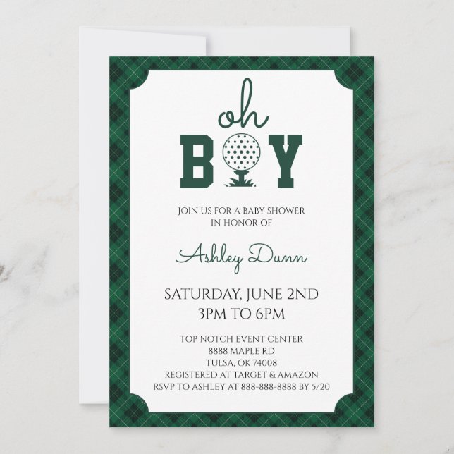 Invitación Ducha de Bebé de Golf de Cuadros Verdes (Anverso)