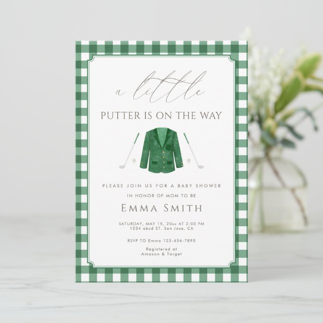 Invitación Ducha de bebé de golf Green Gingham A Little Putte (Anverso de pie)