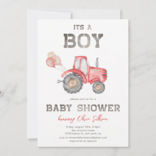 Invitación Ducha de bebé de granja con tractor rojo para niño