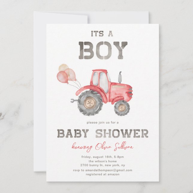 Invitación Ducha de bebé de granja con tractor rojo para niño (Anverso)
