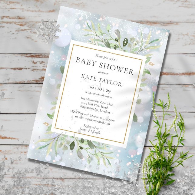 Invitación Ducha de bebé de greenery con copos de nieve de in (Subido por el creador)