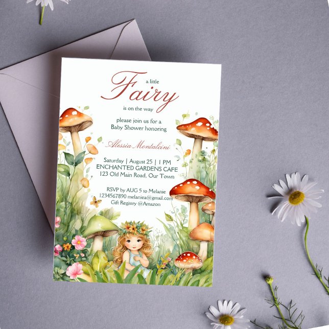 Invitación Ducha de bebé de hada de jardín encantada (Enchanted garden cute fairy baby shower invitation editable template download forest mushrooms)