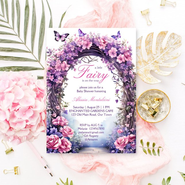 Invitación Ducha de bebé de hadas de jardín con encanto púrpu (Purple enchanted garden fairy baby shower invitation editable template instant download fairycore)