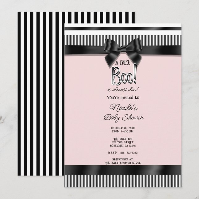 Invitación Ducha de Bebe de Halloween con Lazo Negro Blanco R (Anverso / Reverso)