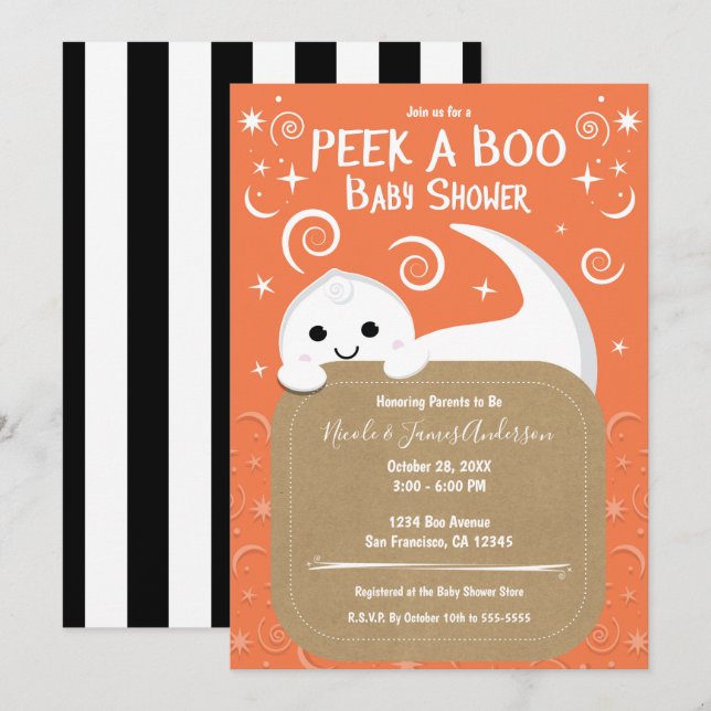 Invitación Ducha de Bebé de Halloween Fantasma Naranja Peek A (Anverso / Reverso)