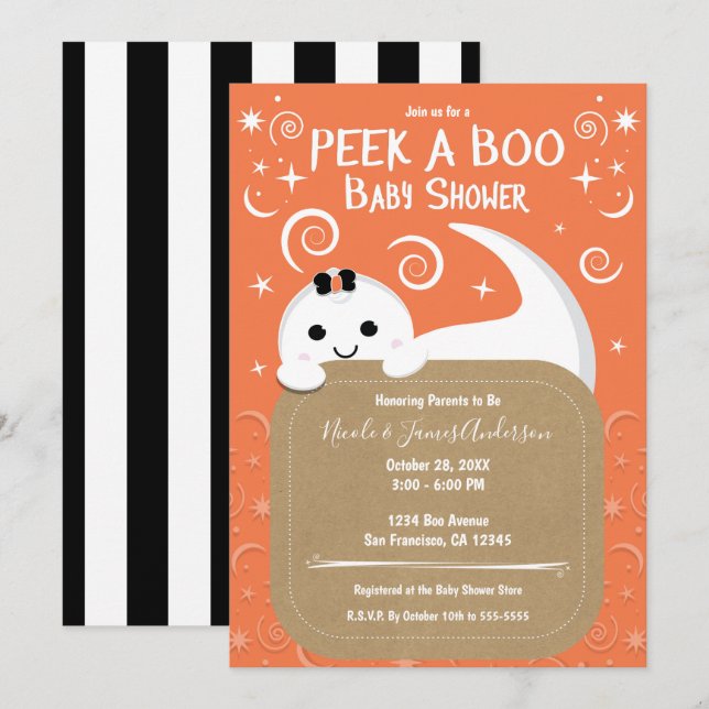 Invitación Ducha de Bebé de Halloween Fantasma Naranja Peek A (Anverso / Reverso)