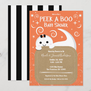 Invitación Ducha de Bebé de Halloween Fantasma Naranja Peek A