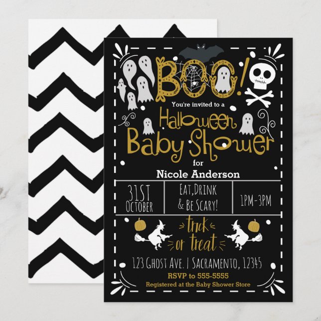 Invitación Ducha de Bebé de Halloween Moderna Caprichosa Dibu (Anverso / Reverso)