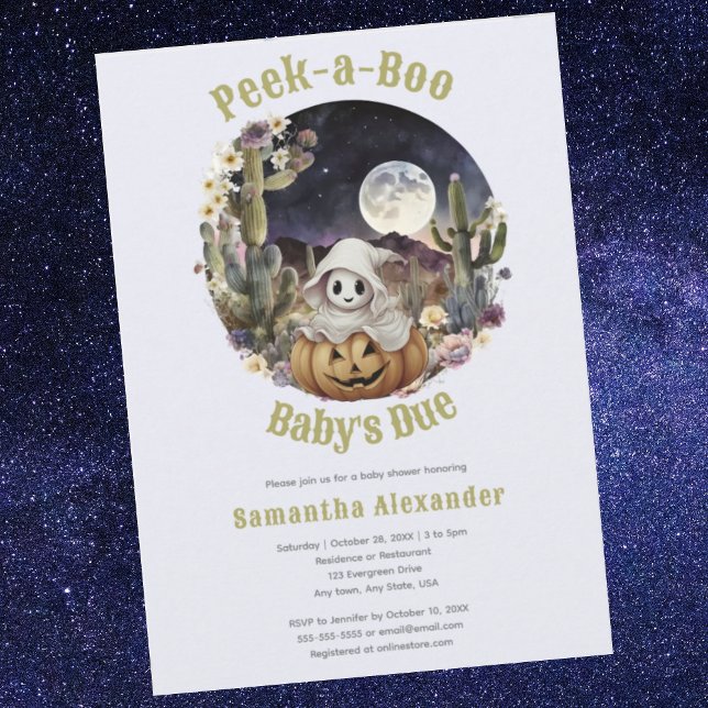 Invitación Ducha de bebé de Halloween Pumpkin Boo (Halloween Pumpkin Peek a Boo baby shower invitation.  Cute ghost peeking from pumpkin in the desert.)