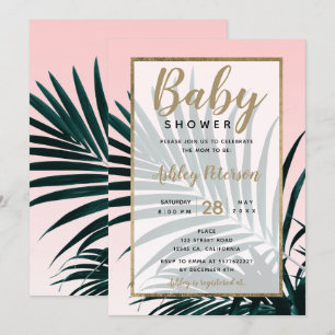 Invitación Ducha de bebé de hoja de palmera tropical dorada