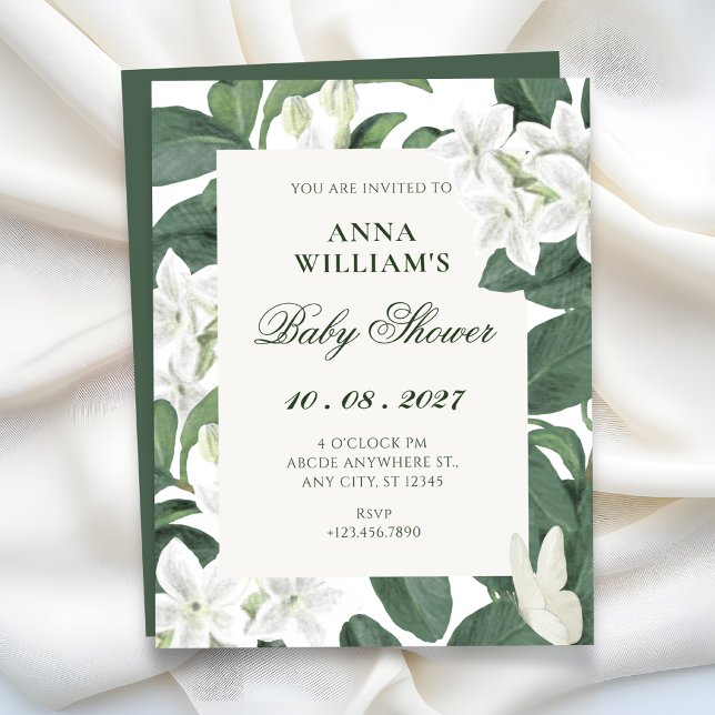Invitación Ducha de bebé de hojas verdes y flores blancas (Subido por el creador)