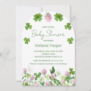 Invitación Ducha de bebé de hojas y flores de trébol acuarela