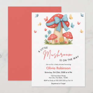 Invitación Ducha de bebé de hongo pequeño con lazo azul flora