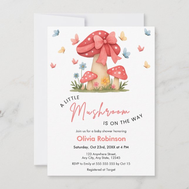 Invitación Ducha de bebé de hongo rojo floral un poco (Anverso)