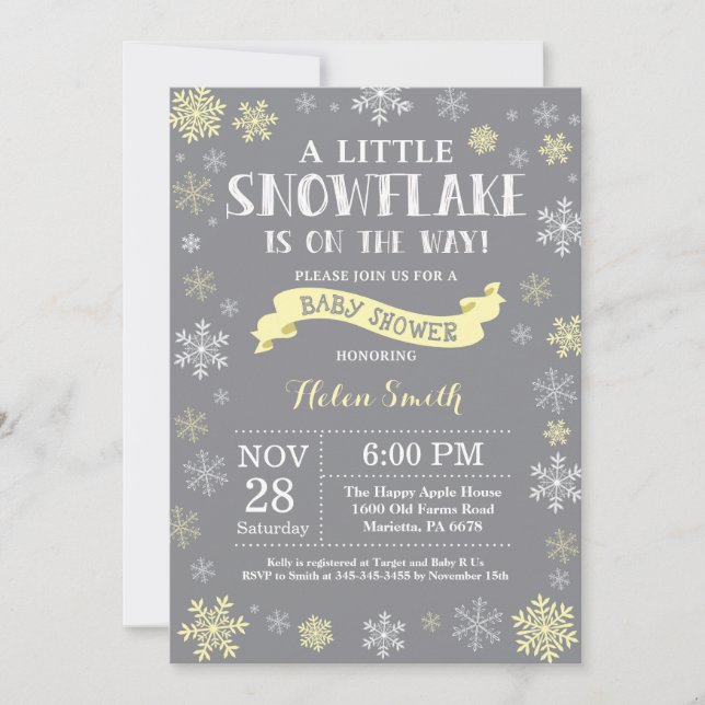 Invitación Ducha de bebé de invierno Amarillo Blanco y Gris C (Anverso)