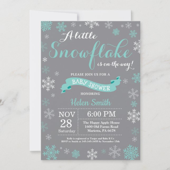 Invitación Ducha de Bebé de Invierno Aqua Blanco y Gris Copo  (Anverso)
