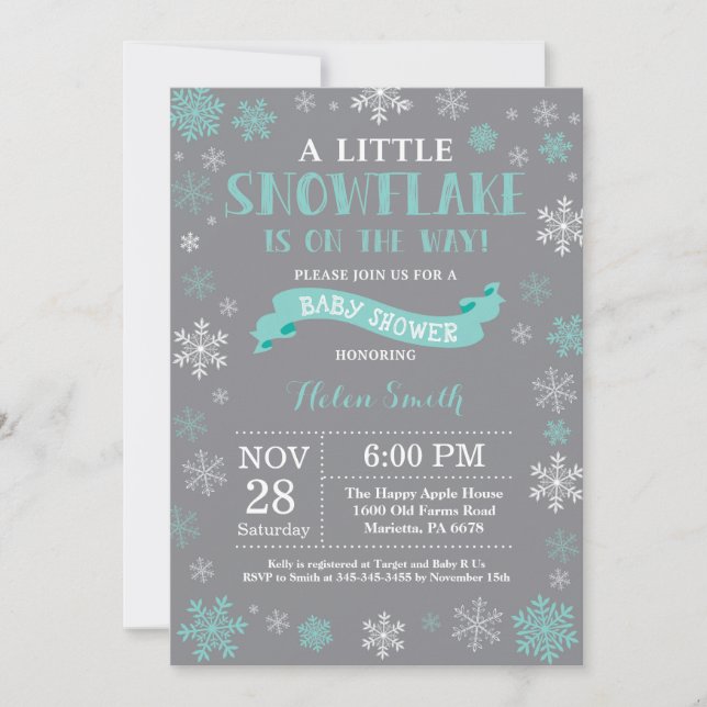 Invitación Ducha de Bebé de Invierno Aqua Blanco y Gris Copo  (Anverso)