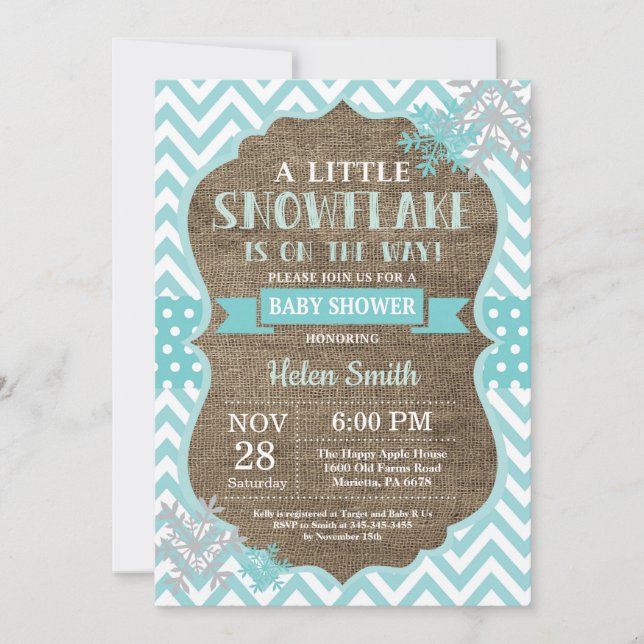 Invitación Ducha de bebé de invierno Aqua Snowflake Arpillera (Anverso)