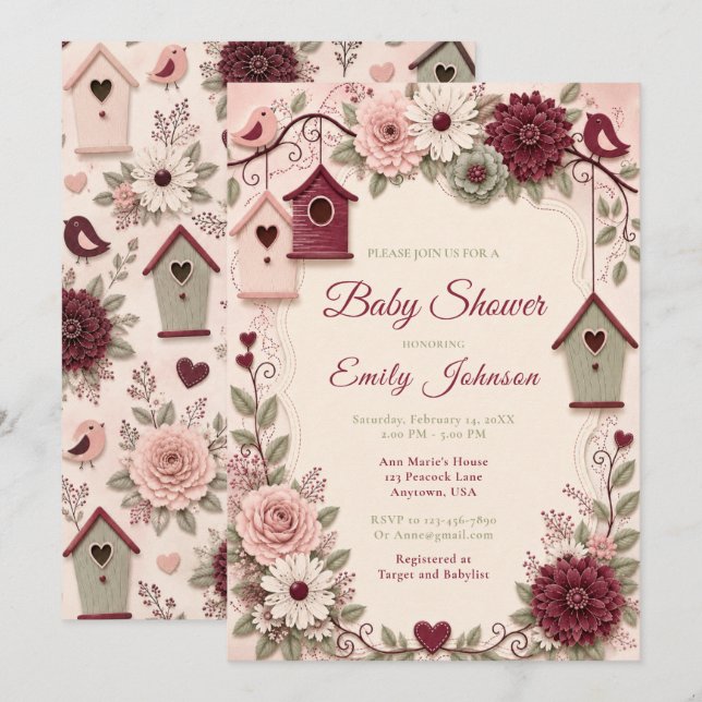 Invitación Ducha de Bebé de Invierno Burgundy Blush (Anverso / Reverso)