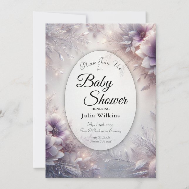 Invitación Ducha de Bebé de Invierno con Plata y Amatista Sua (Anverso)
