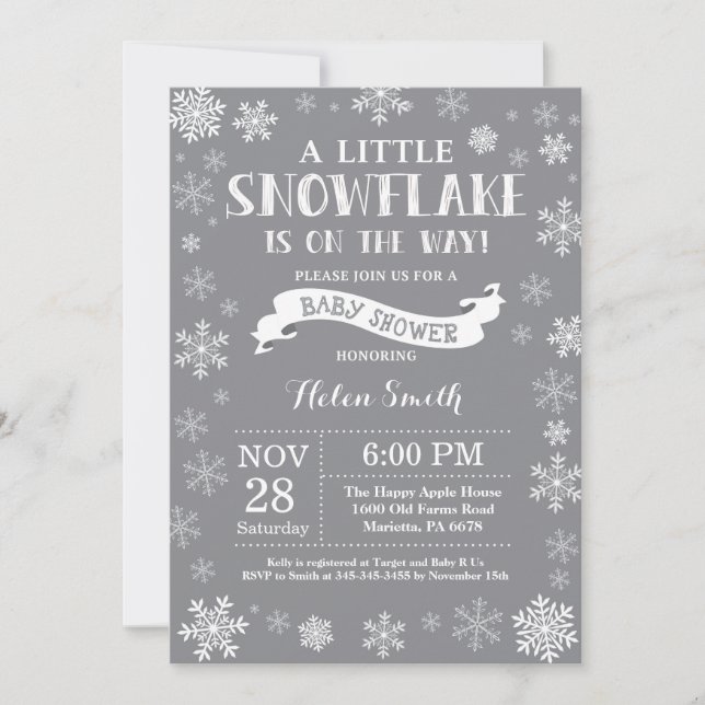 Invitación Ducha de bebé de invierno Copo de nieve blanco y g (Anverso)