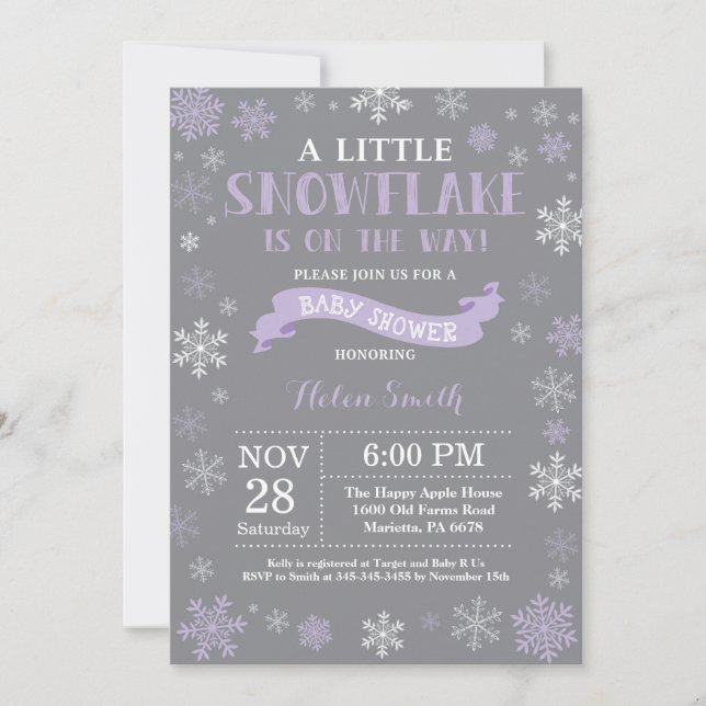 Invitación Ducha de Bebé de Invierno Copo de Nieve Morado Bla (Anverso)