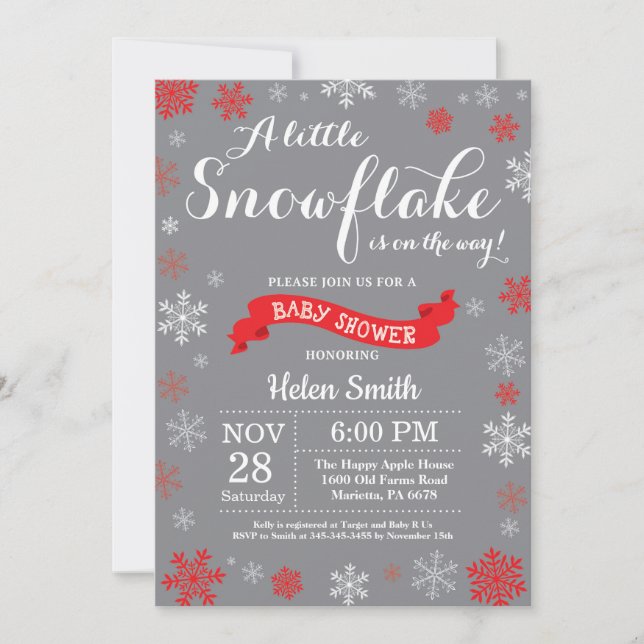 Invitación Ducha de bebé de invierno copo de nieve rojo blanc (Anverso)