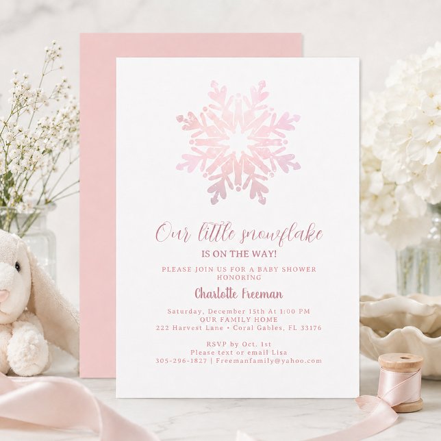 Invitación Ducha de Bebé de Invierno Copo de Nieve Rosa Rubor (Blush Pink Little Snowflake Winter Baby Shower Invitation)
