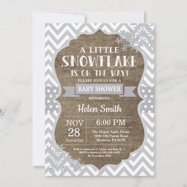 Invitación Ducha de Bebé de Invierno Gris Copo de Nieve Arpil (Anverso)
