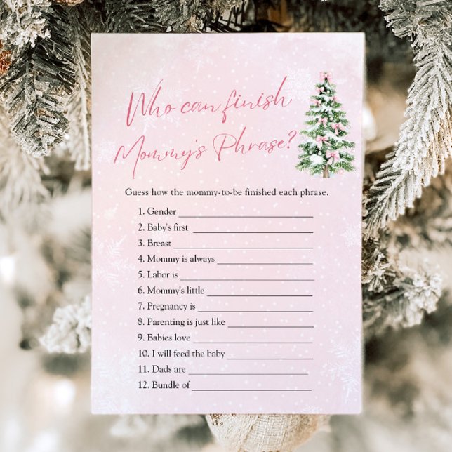 Invitación Ducha de Bebé de Invierno Quién Puede Terminar la  (Pink Bow Christmas Who Can Finish Mommy's Phrase Baby Shower Game)
