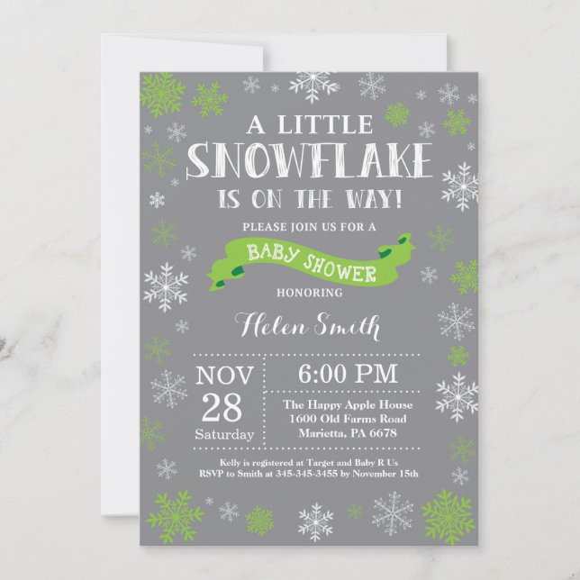 Invitación Ducha de Bebé de Invierno Rojo Verde y Gris Copo d (Anverso)