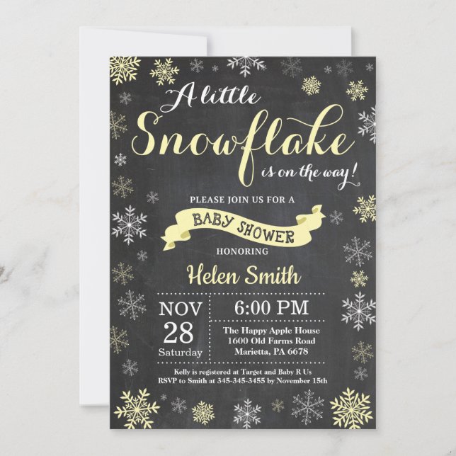Invitación Ducha de Bebé de Invierno Tiza Amarilla Copo de Ni (Anverso)