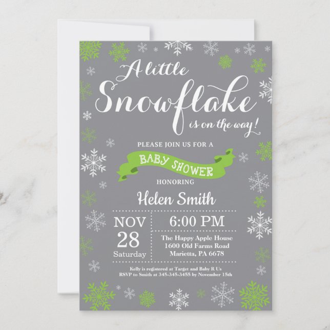 Invitación Ducha de bebé de invierno Verde Blanco y Gris Copo (Anverso)