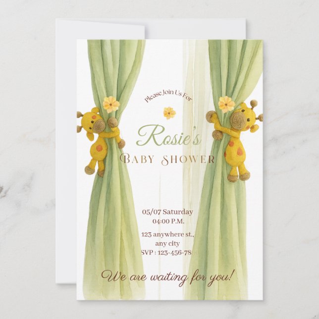 Invitación Ducha de bebé de jirafa verde suave (Anverso)