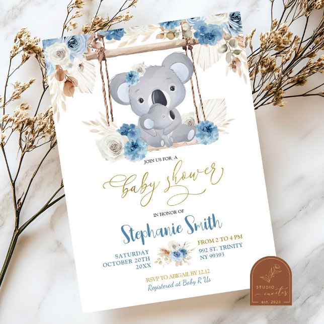 Invitación Ducha de bebé de koala floral azul (Subido por el creador)