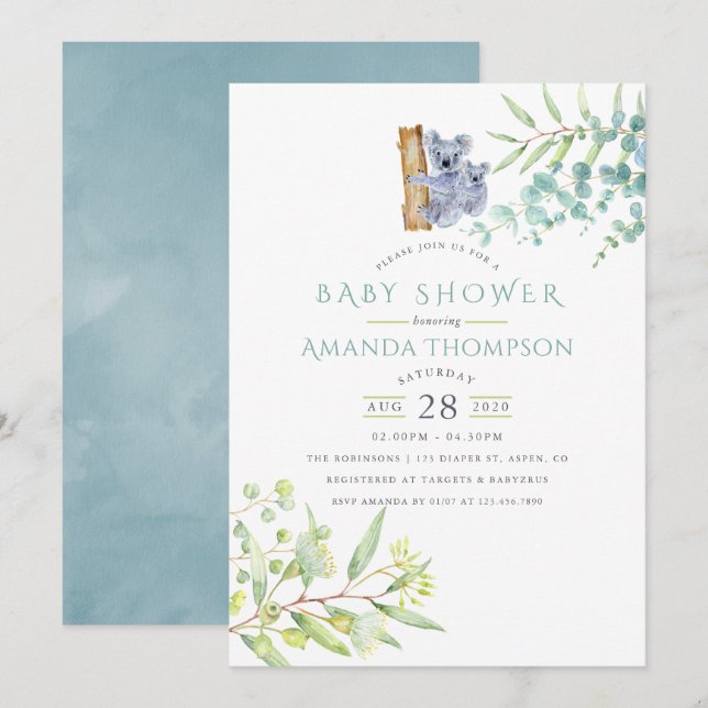 Invitación Ducha de bebé de koala lindo con hojas de eucalipt (Anverso / Reverso)