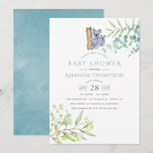 Invitación Ducha de bebé de koala lindo con hojas de eucalipt