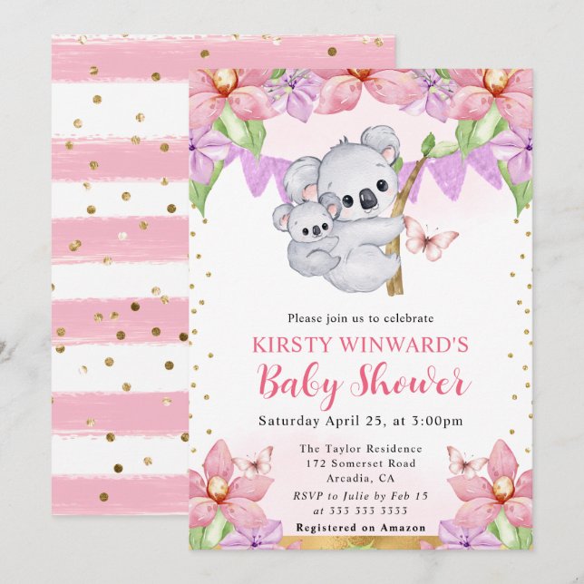Invitación Ducha de bebé de koalas y flores en acuarela (Anverso / Reverso)