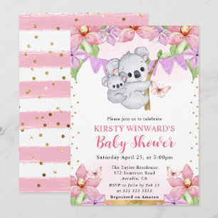 Invitación Ducha de bebé de koalas y flores en acuarela
