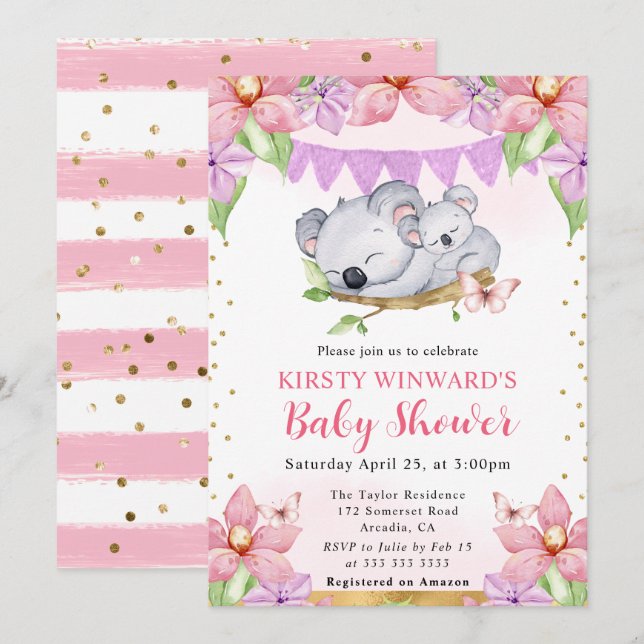 Invitación Ducha de bebé de koalas y flores en acuarela (Anverso / Reverso)