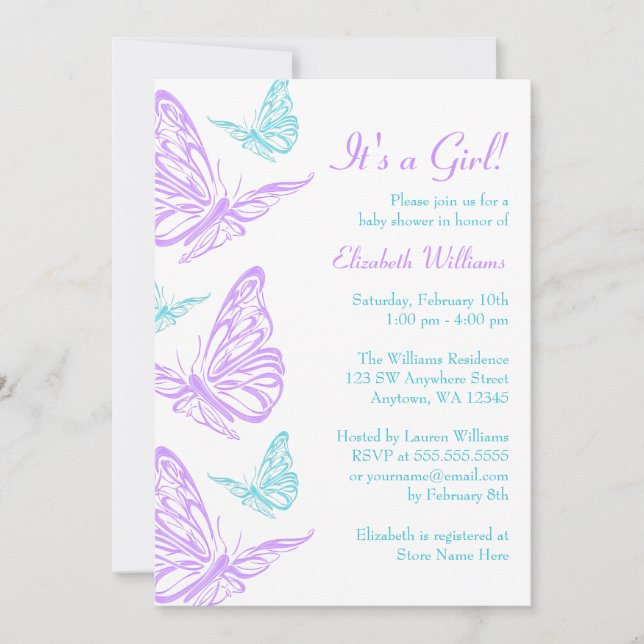 Invitación Ducha de Bebé de la Muchacha Mariposa Morada Bonit (Anverso)