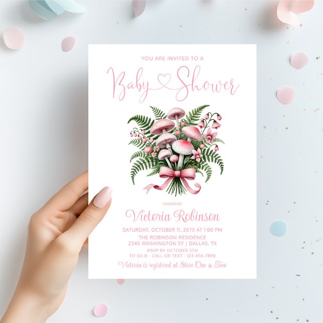 Invitación Ducha de Bebé de la Niña del Ramo de Champiñones R (Pink mushroom bouquet baby shower invitation with mushrooms, flowers and ferns and pretty pink bow.)