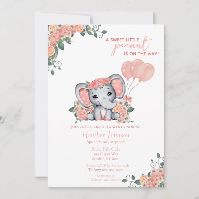 Invitación Ducha de Bebé de la Niña Elefante (Anverso)