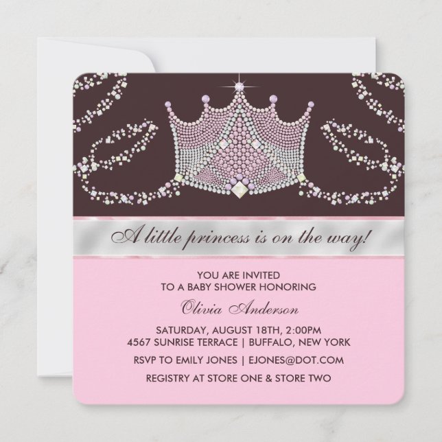 Invitación Ducha de bebé de la princesa con tiara rosa y marr (Anverso)