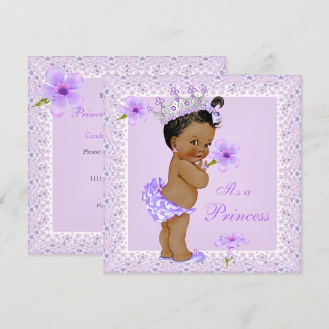 Invitación Ducha de bebé de la princesa lavanda afroamericana (Anverso / Reverso)