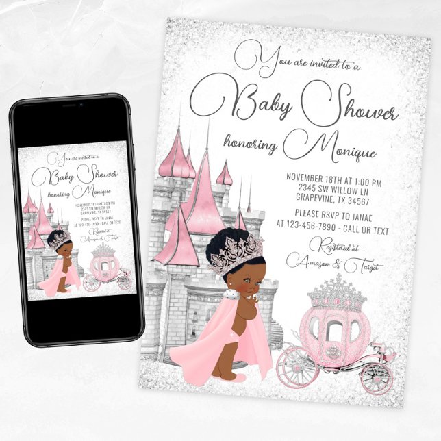 Invitación Ducha de bebé de la Princesa Negra  (Pink silver princess baby shower invitation with African princess, castle and carriage.)