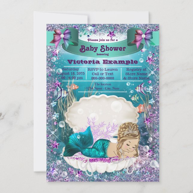 Invitación Ducha de Bebé de la Princesa Sirena Rubia Adorable (Anverso)