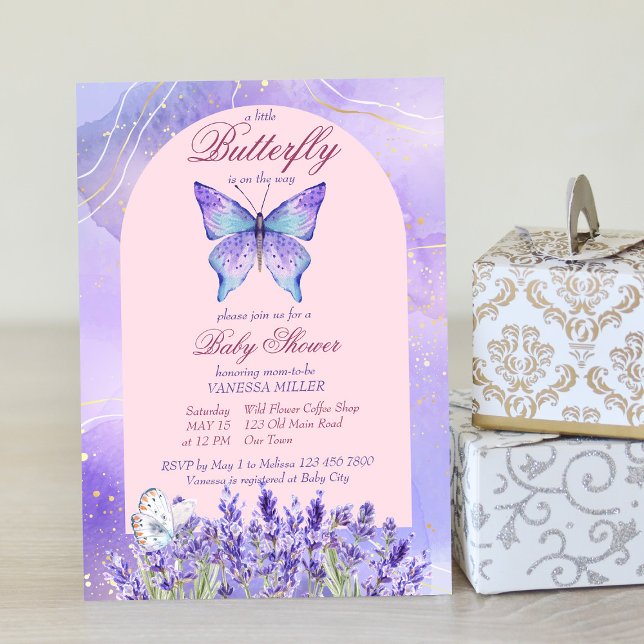 Invitación Ducha de bebé de lavanda púrpura de mariposa peque (Subido por el creador)