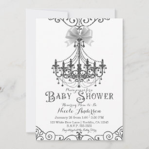 Invitación Ducha de bebé de lazo blanco y plateado blanco