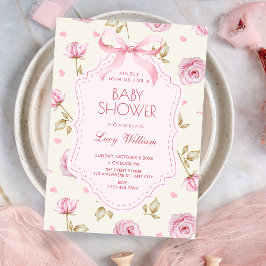 Invitación Ducha de bebé de lazo con patrón de rosas rosadas